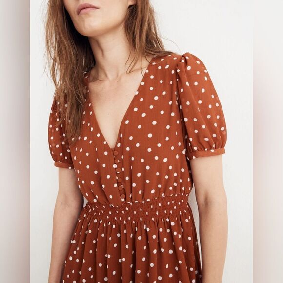 MADEWELL Smocked-Waist Mini Dress‎ in Inkspot Dots Rust Brown Size Small - Picture 3 of 11